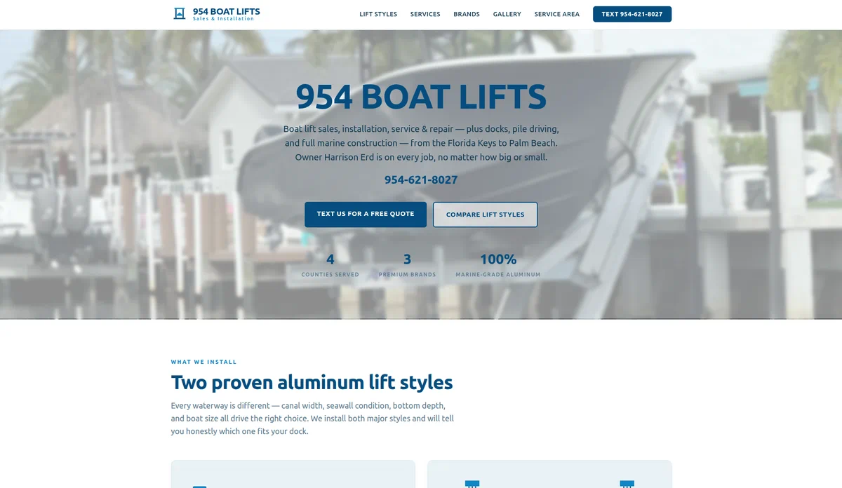 954 Boat Lifts marine services website project by After Dark Labs
