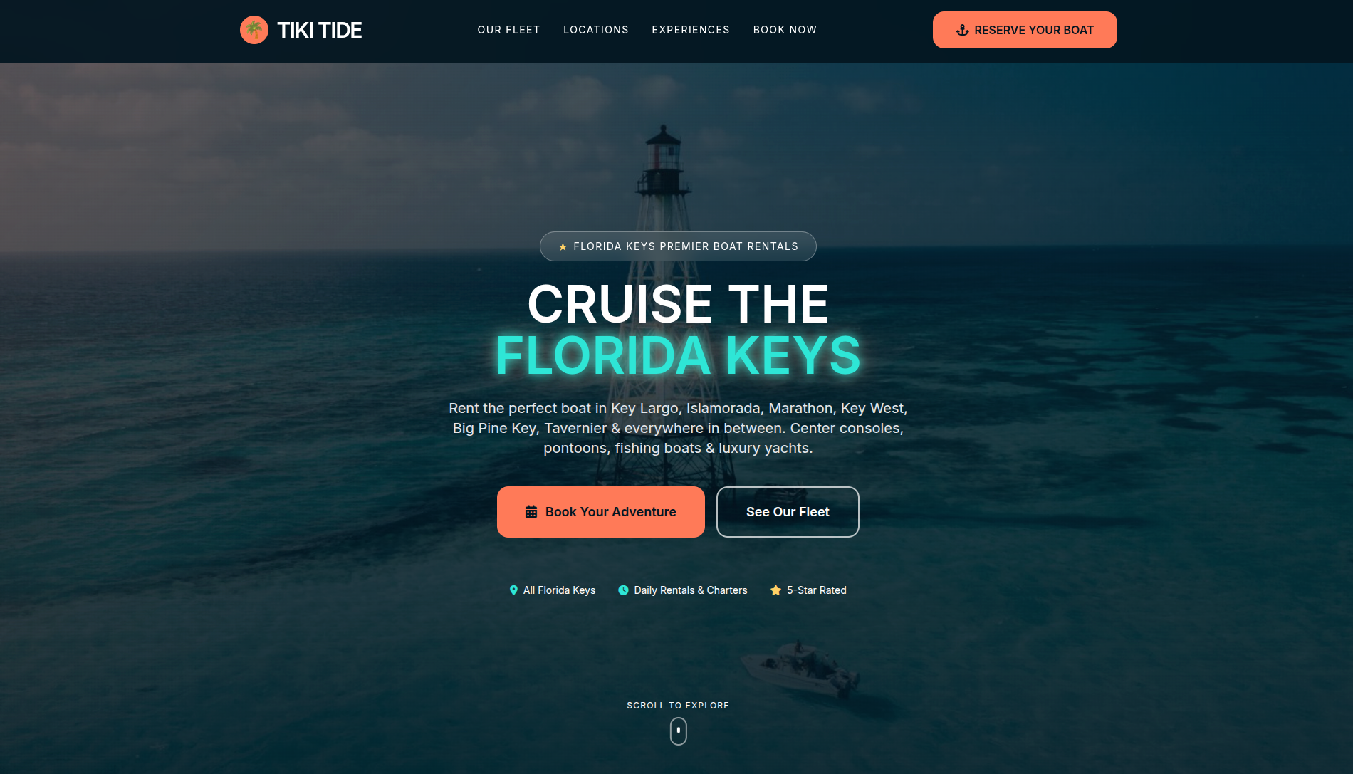 Tiki tide boat rentals Florida keys online booking web app project by After Dark Labs