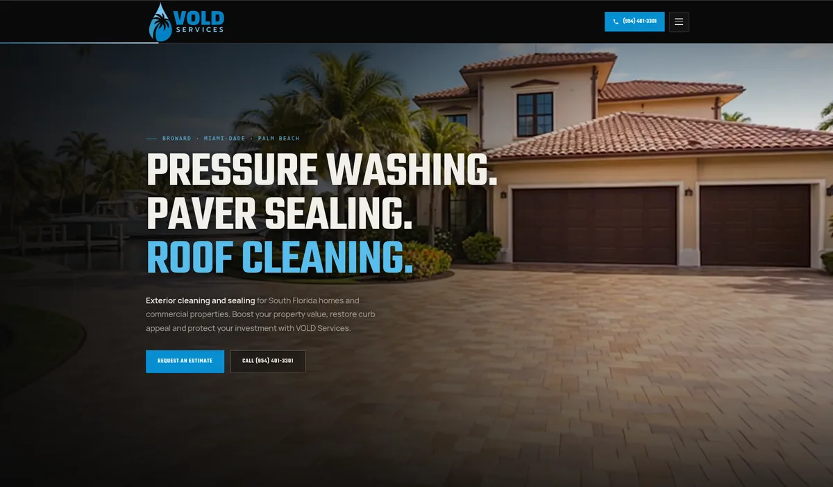 Vold Services exterior cleaning website with a scroll-animated hero, designed by After Dark Labs
